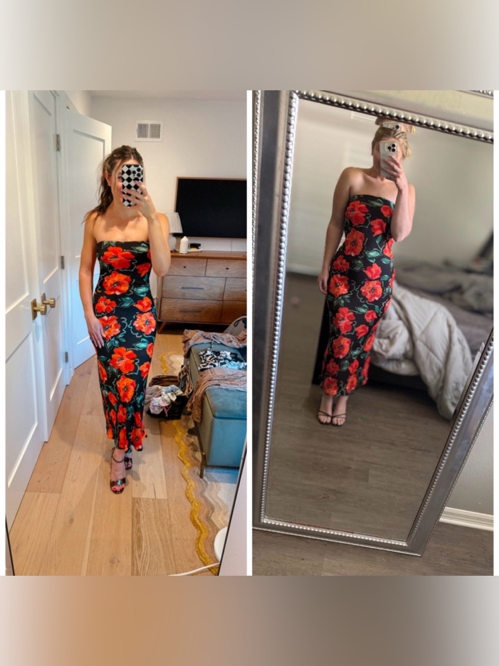 RESA Anna Slip Dress Poppy Floral Medium Strapless Maxi Black Orange